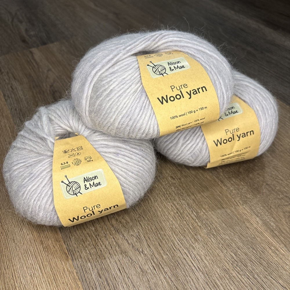 Lot Of 3 Alison And Mae Pure Wool Yarn‎ 100% Wool Light Gray 100g 150m